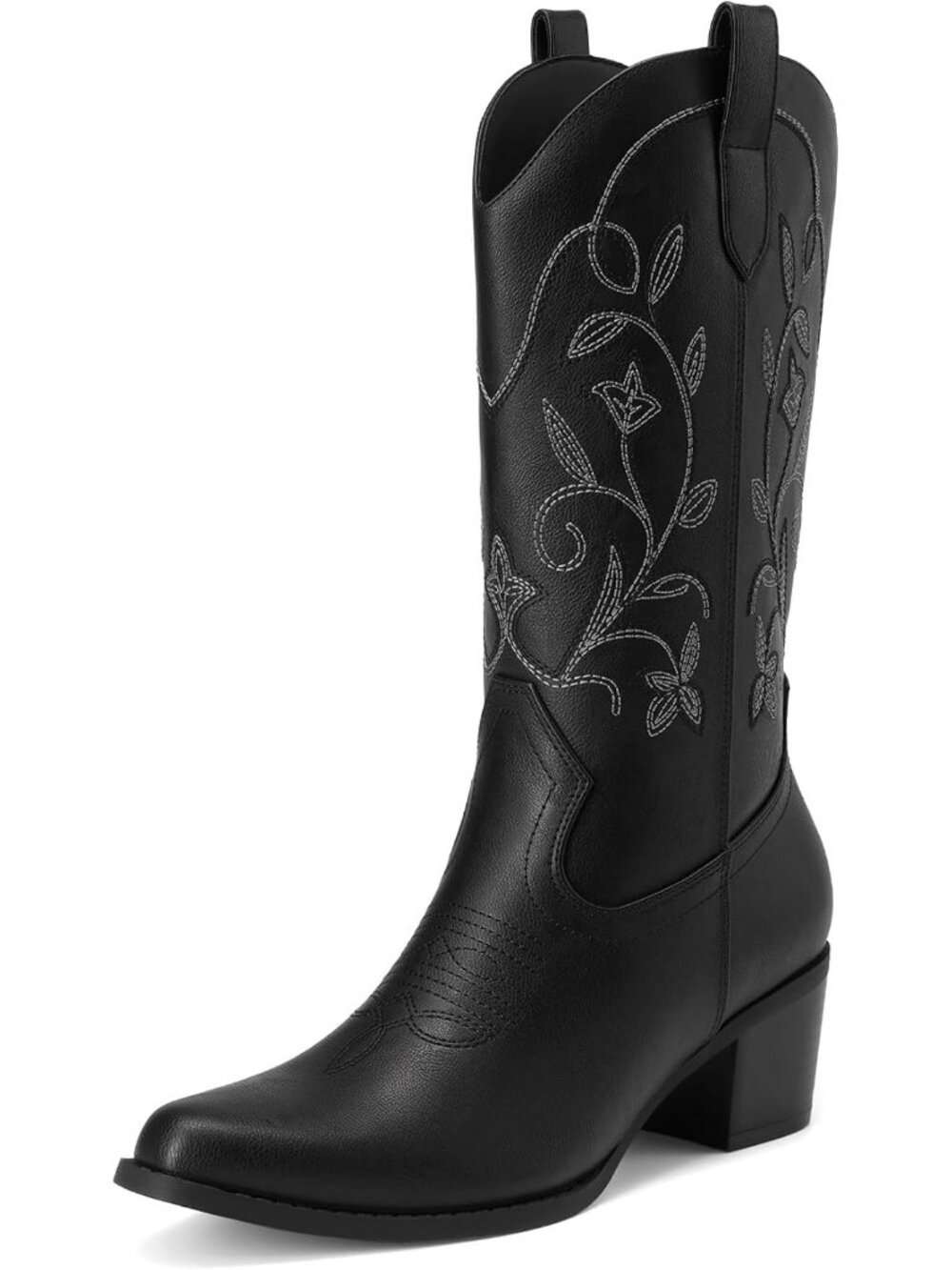 Dream Pairs Women's Black Square Toe Cowboy Cowgirl Western Mid Calf Boots